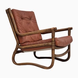 Scandinavian Lounge Chair in Bamboo and Leather, 1970s