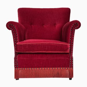 Poltrona in velluto rosso ciliegia, Danimarca, anni '70