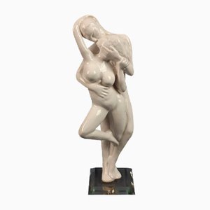 Vintage Ceramic Sculpture of Couple in Love with Glass Base, 1970s