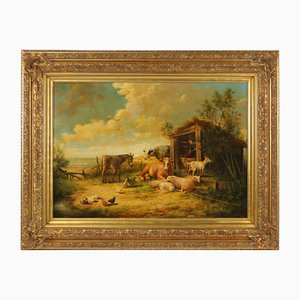 Artiste Belge, Scène De Ferme, 20ème Siècle, Grande Huile sur Toile, Encadrée