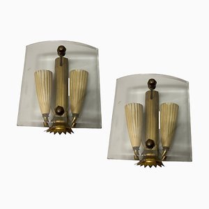 Wandleuchten aus Glas & Messing von Fontana Arte, 1950er, 2er Set