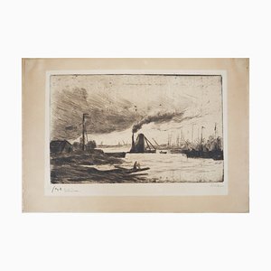 Maximilien Luce, Rotterdam, Sailboats at the Quay and Smoke in the Port, 1890, Original Etching