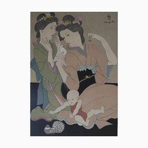 Tsuguharu Foujita, Geishas with a Dove, Woodcut