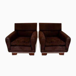 Space Age Armchairs with Wooden Pouf and Alcantara, 1960s, Set of 3