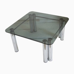 Mesa de centro de acero y vidrio ahumado, años 70