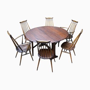 Vintage Folding Table and Stick Windsor Back Chairs with Two Armchairs from Ercol, 1960s, Set of 6