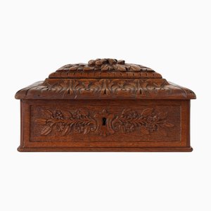Antique French Sculptured Sewing Box in Oak, 1890s