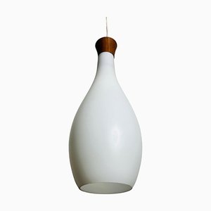 Teak and Opal Glass Pendant Lamp by Uno & Östen Kristiansson for Luxus Sweden, 1960s