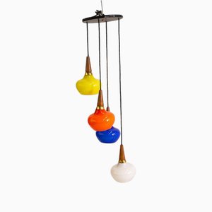 Vintage Multicolored Chandelier in Glass and Wood, 1970s