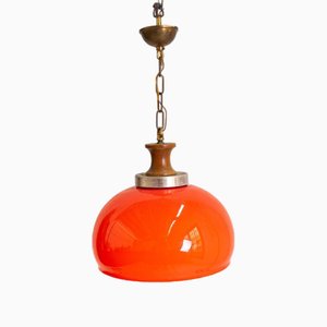 Vintage Orange Pendant Lamp with Brass and Wood Details