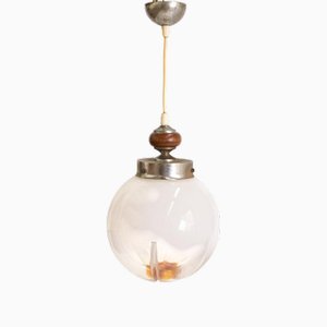 Vintage Hängelampe aus Opalglas mit Messing- und Holzdetails