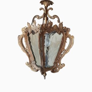 Lanterna francese in ottone con pannelli in vetro acidato