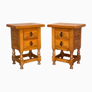 Spanish Honey Tone Narrow Nightstands with Two Drawers, 1920, Set of 2