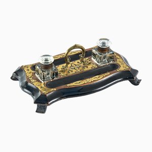 Antique Victorian Walnut & Ebonised Brass Mounted Inkstand, 1860