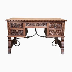 19th Century Spanish Baroque Style Two Faces Oak Library Table or Desk, 1890