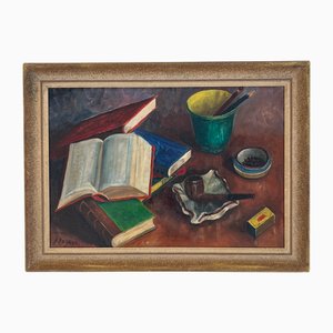 S. Pagani, Nature morte aux bouquins, à la pipe et aux allumettes, Olio su tela, Con cornice