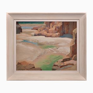 Stanley Horace Gardiner, Tide Pools, Porthcurno Beach, Cornwall. 1930s, Oil Painting, Framed