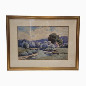 Artiste français, Landscape in Blue, 1980s, Aquarelle