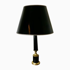 Art Deco Brass and Black Leather Table Lamp, 1930s