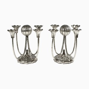 Viennese Art Deco 4-Light Silver Candelabras with Martelé Decor, 1930, Set of 2
