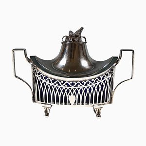 Scodella Art Nouveau in argento con coperchio e inserto in vetro blu di J. Bannert, Vienna, inizio XX secolo