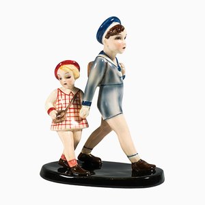 School Kids Figurine attributed to Claire Weiss for Goldscheider Vienna, 1934