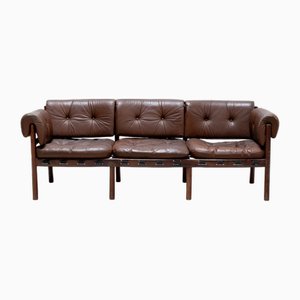 Scandinavian Three-Seater Sofa in Rosewood and Brown Leather attributed to Sven Ellekaer for Coja, 1960s