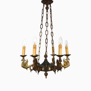 French Empire Brass Swan Chandelier from Unbekannt, 1940s