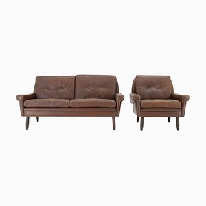 Set of Living Room Set in Brown Leather by Svend Skipper, Denmark, 1970