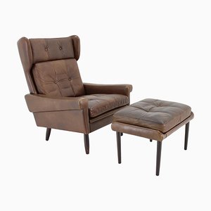 Set of High Back Armchair and Ottoman in Brown Leather by Svend Skipper, Denmark, 1970s