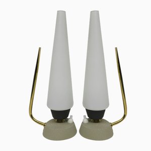 Lampes de Chevet en Verre Opalin et Laiton, Italie, 1950s, Set de 2