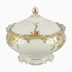 Lidded Bowl in Cream Porcelain with Gold Decoration by Friederike for KPM Berlin, 1930s
