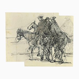 Gabriele Galantara, jinetes, dibujo en técnica mixta, de principios del siglo XX