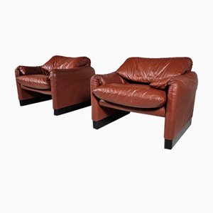 Maralunga Sessel aus Rotbraunem Leder von Vico Magistretti für Cassina, 1970er, 2er Set