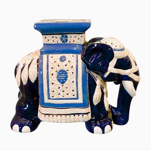 Chinoiserie Ceramic Lucky Elephant Plant Stand in Blue and Cream, 1970s