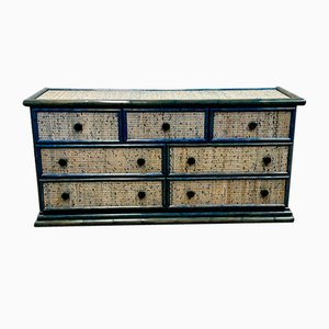 Vintage Blue Rattan Chest of Drawers by Maugrion, 1970s