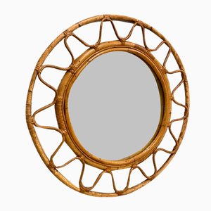 Miroir Mid-Century Rond avec Double Cadre en Osier Tissé de Bambou, Italie, 1960s
