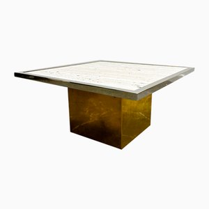 Brute Travertin Coffee Table with Brass Base and Chrome Edges, 1970s