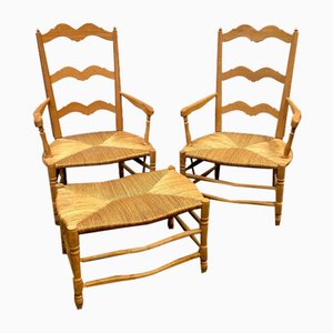 French Provencal Radassier Beech Chairs and Ottoman, Set of 3