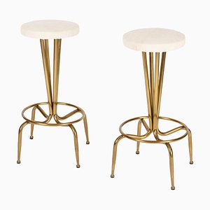 Set of Mid-Century Italian Bar Stools in Gilt Brass and White Fabric by Gio Ponti, 1950s
