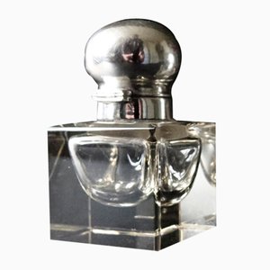 Inkhorn antico con coperchio rotondo placcato in argento e cristallo, inizio XX secolo