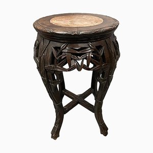 Chinese Side Table in Wood and Marble with Bamboo Pattern