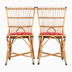 Chaises Bohème Vintage en Rotin avec Sièges Rembourrés Colorés, 1960s, Set de 2