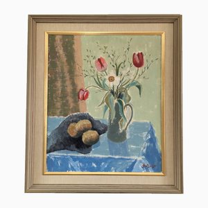 Tulipanes en una jarra, años 50, pintura al óleo, enmarcado