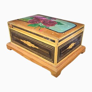Vintage Early 20th Century Straw Marquetry Box with Floral Rose Design, 1930s