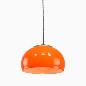 Mid-Century Italian Orange Glass and Brass Pendant Lamp