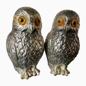 Italian Owl Shaped Salt and Pepper Shakers with Glass Eyes, 1970s, Set of 2