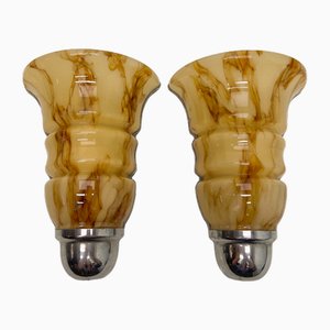 Art Deco Amber Acrylic Glass Marble Pattern Wall Lights, 1960s, Set of 2