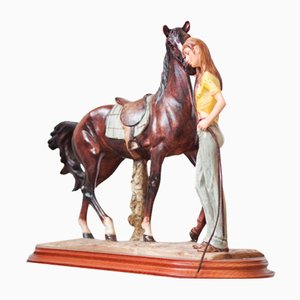 Scultura di A. Saulini in ceramica con cavallo e donna, Italia, anni '70