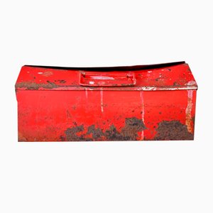 Boîte à Outils Industrielle Vintage en Métal Rouge Patiné